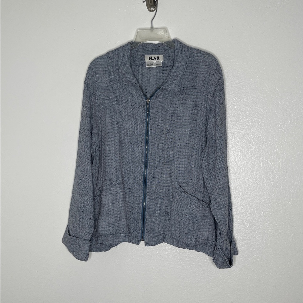 Flax 100% Linen Blue Zipper Oversized Lagenlook Jacket Size Small